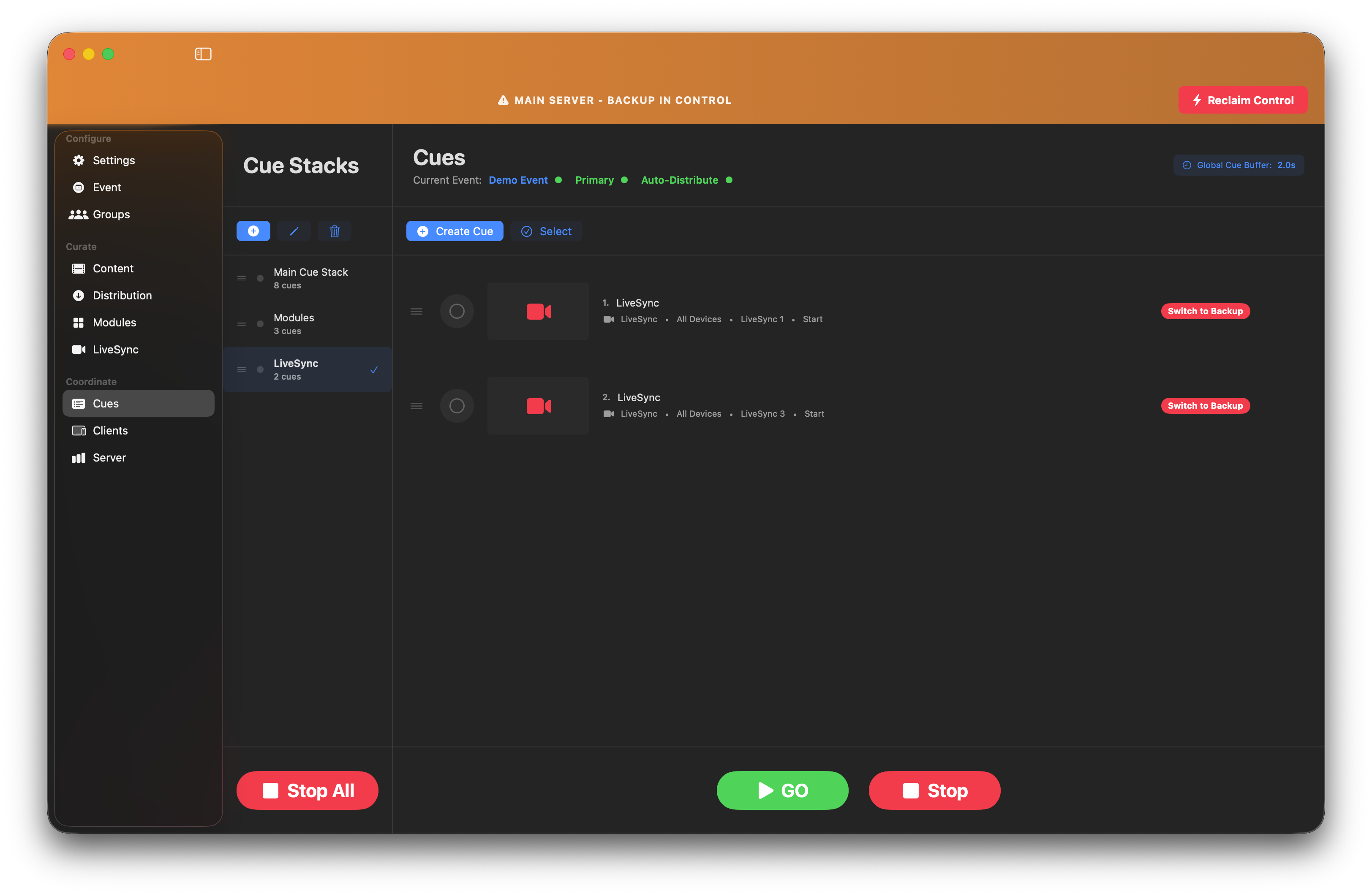 Main server showing Backup in control