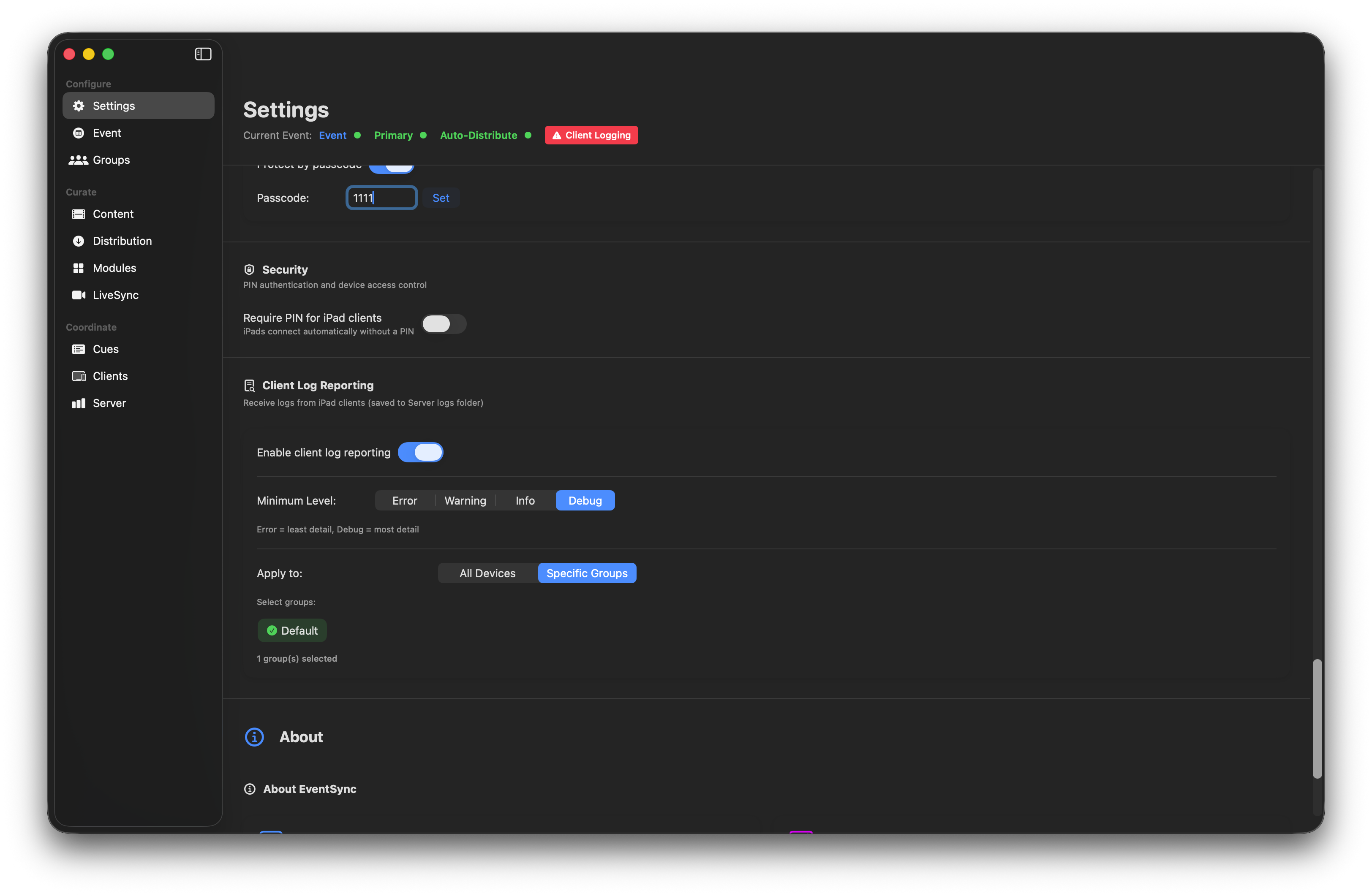 Client log reporting, specific groups