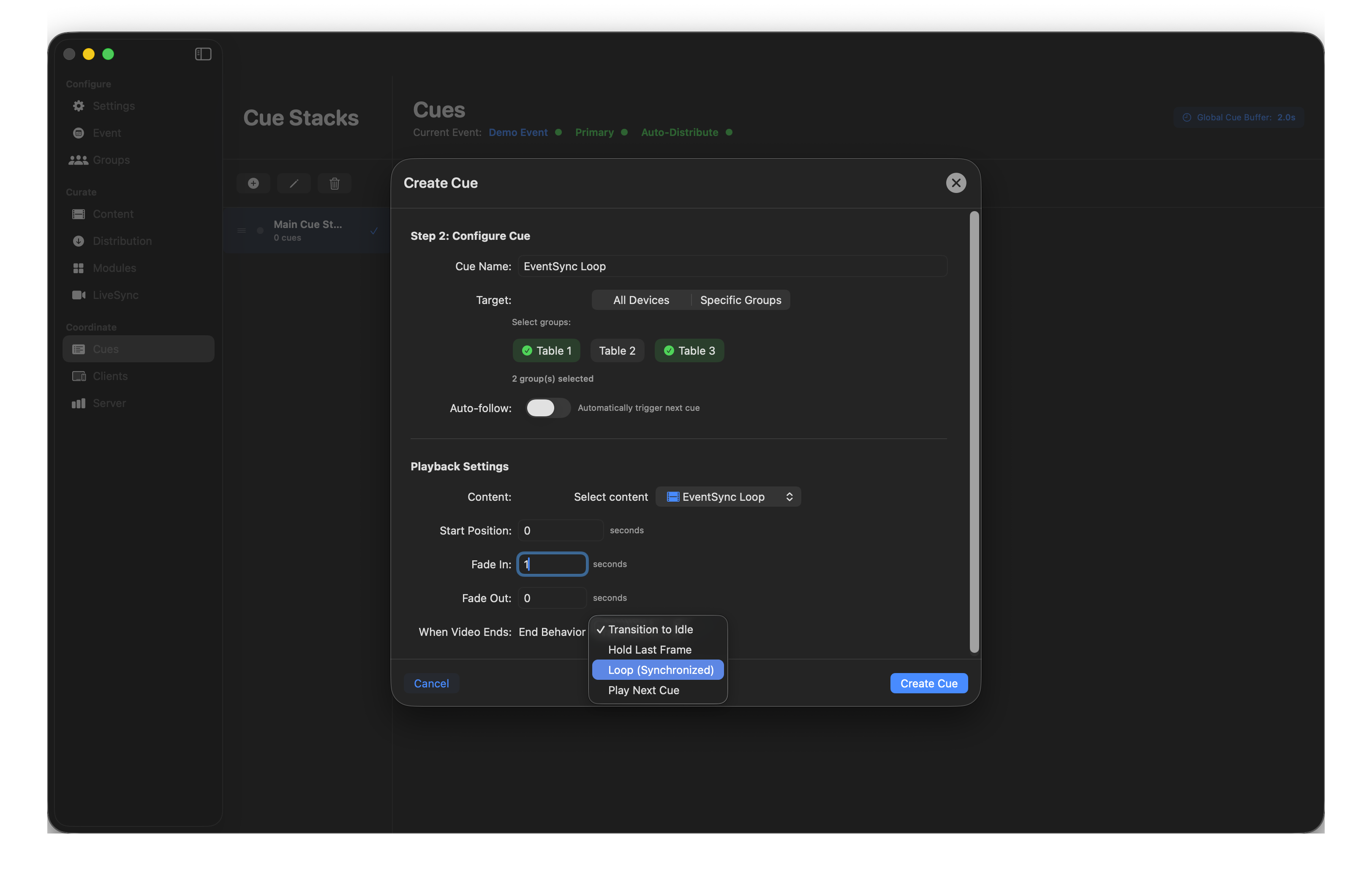 End behaviour dropdown