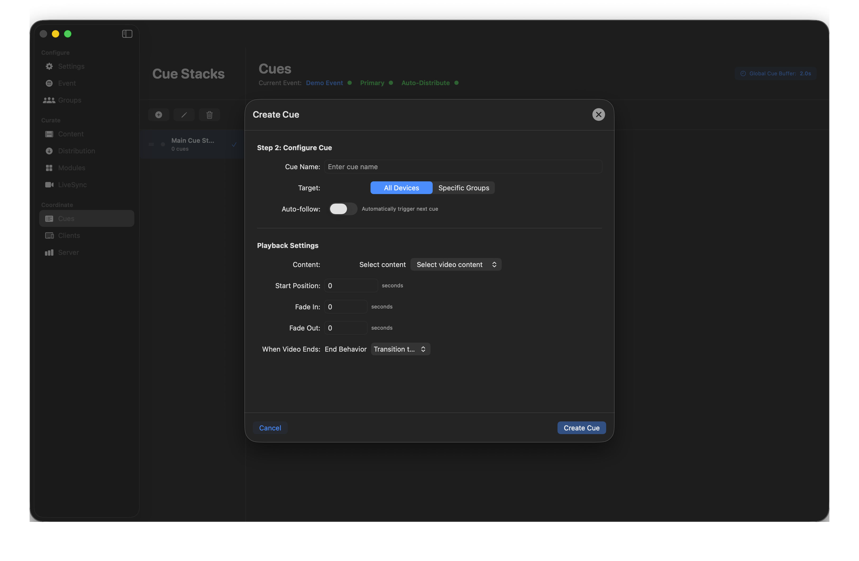 Video cue configuration