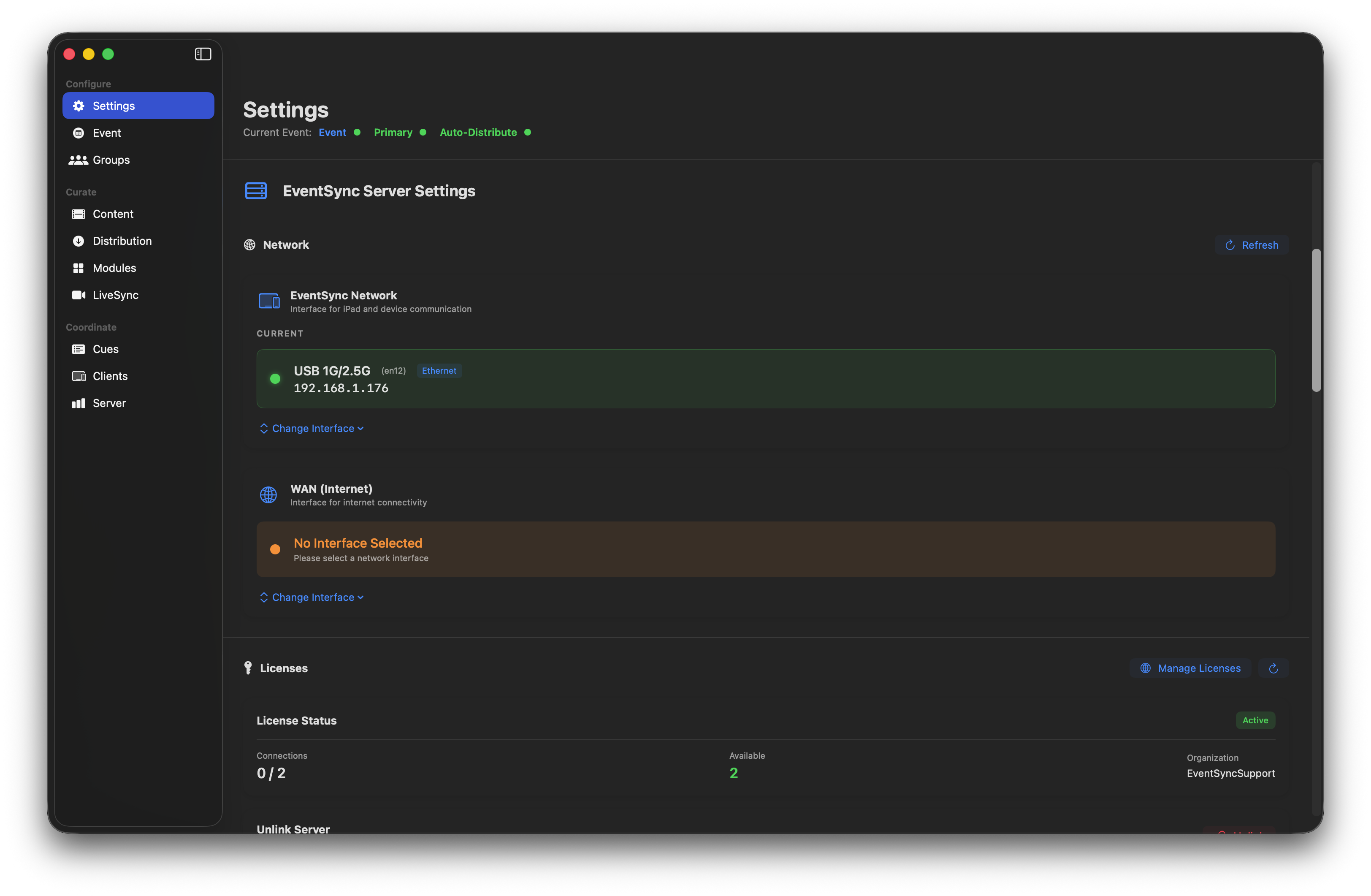 Network settings, no WAN selected
