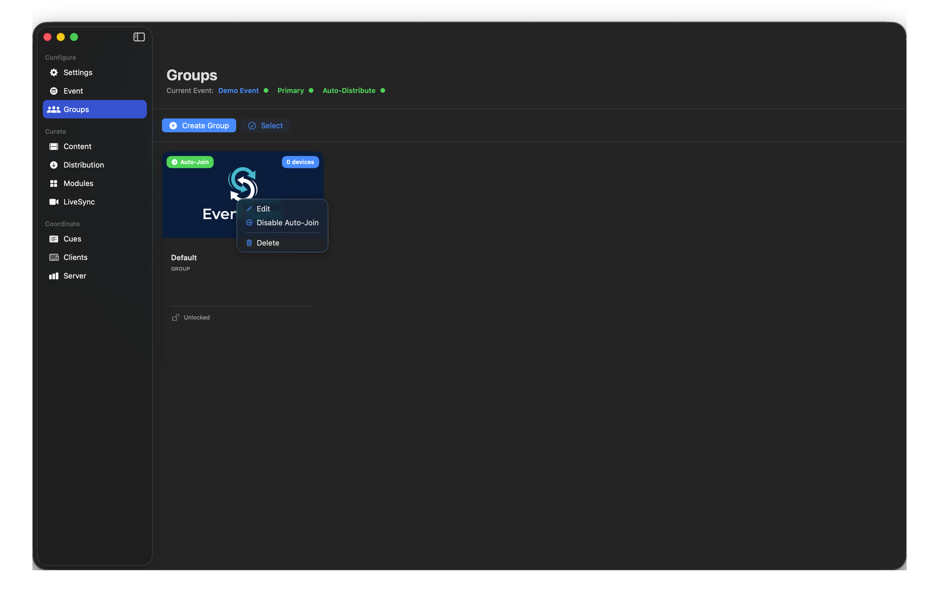 Group right-click menu