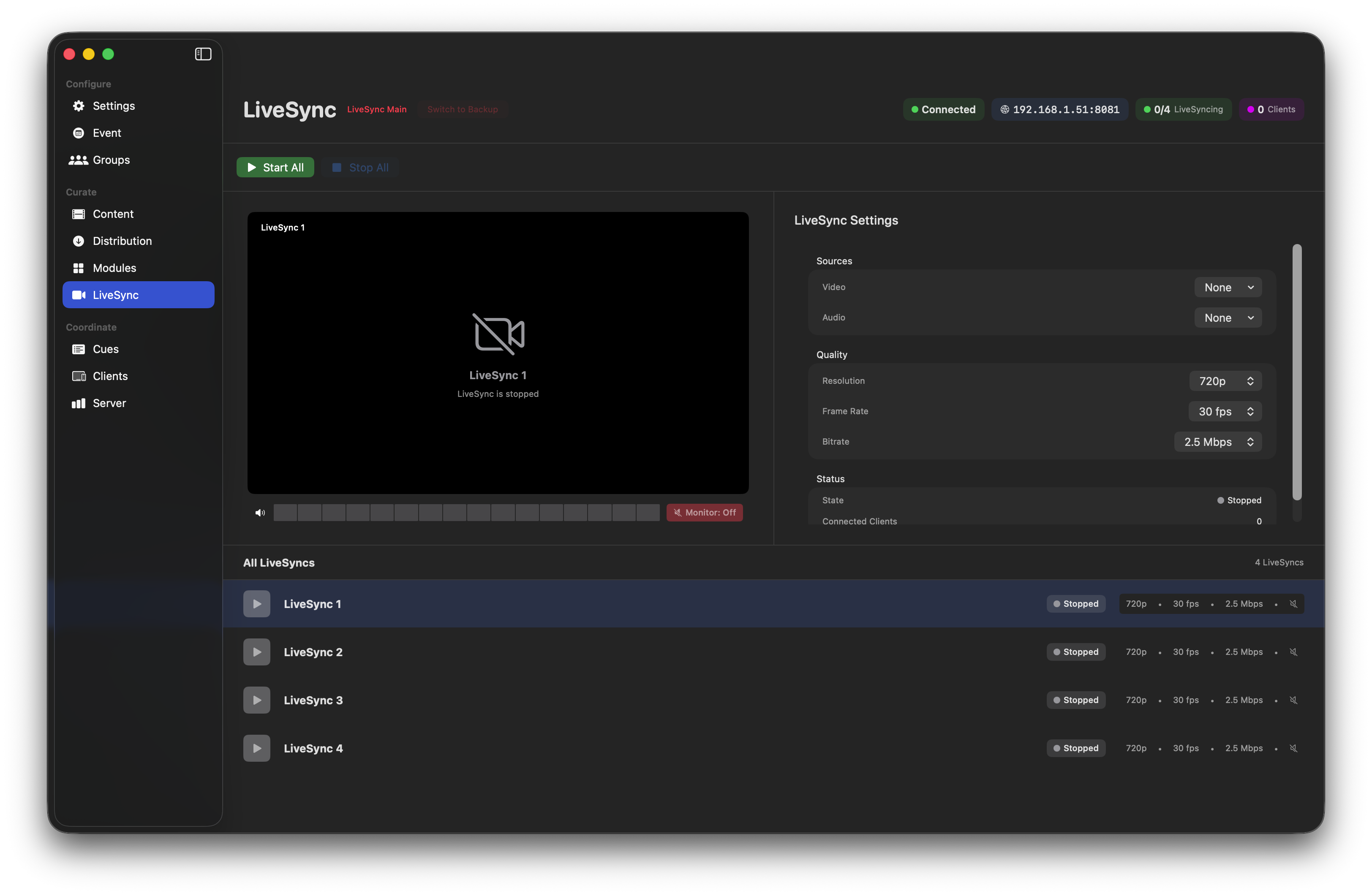 LiveSync 1 selected