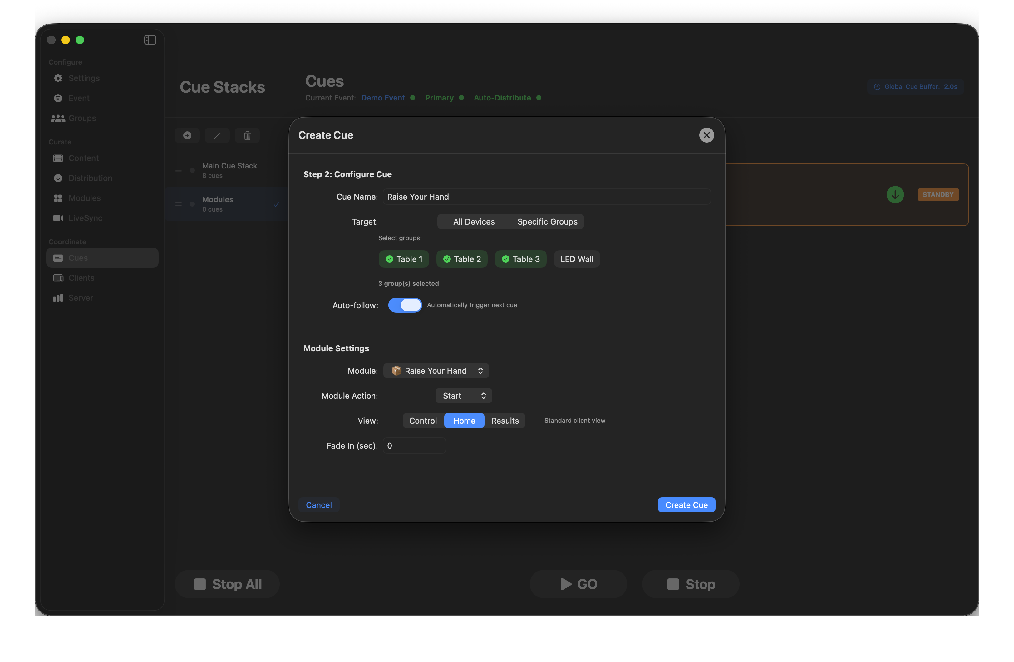 Module cue targeting Tables with Home view and auto-follow on