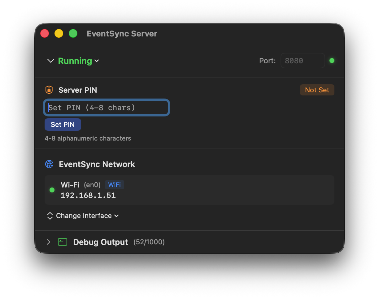 EventSync Server app with PIN not set