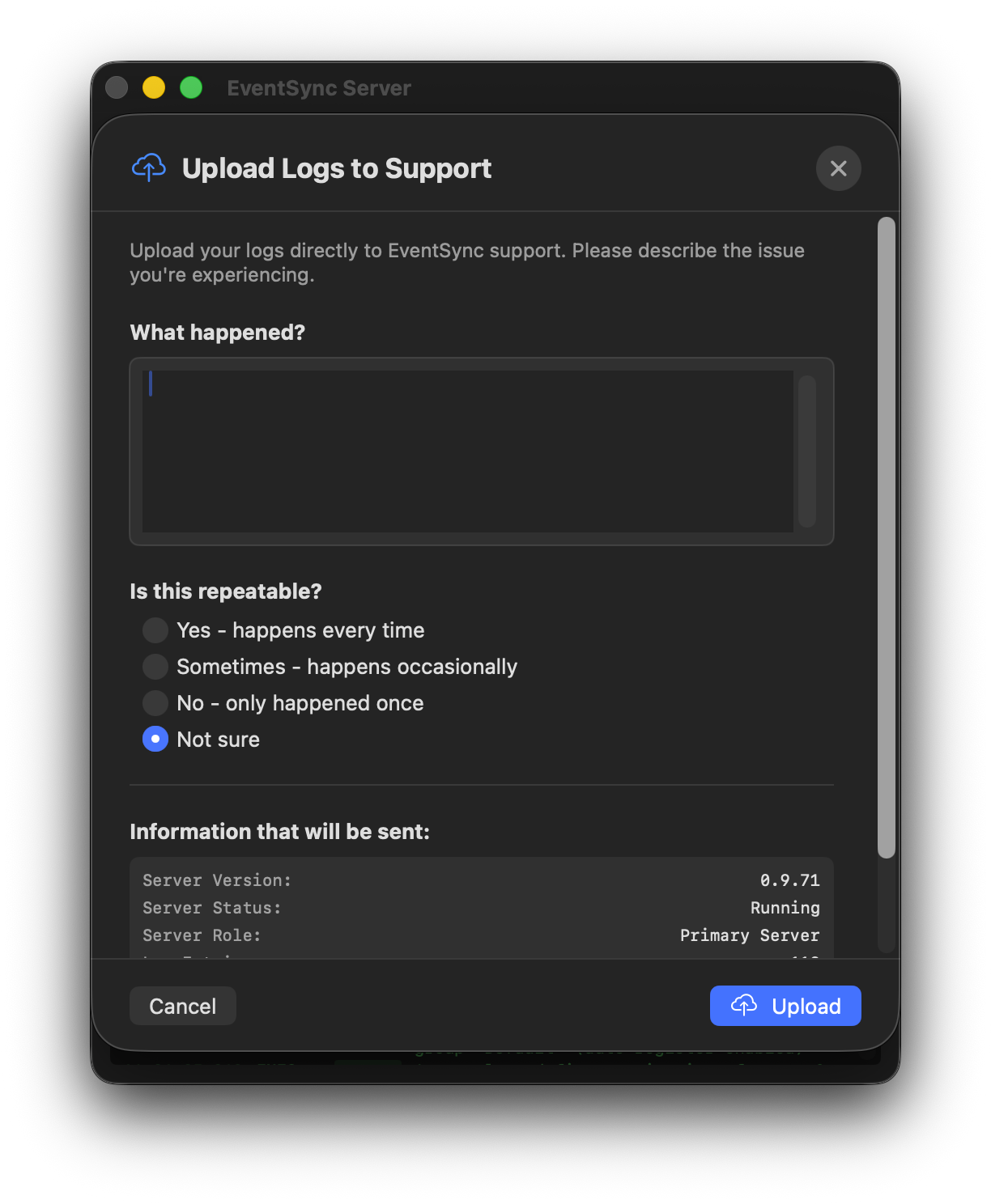 Upload Logs form